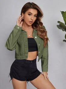 SHEIN Essnce Flap Detail Button Up Denim Jacket - Army Green - View 3