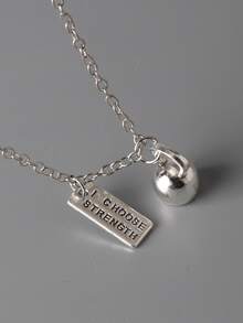 Men Slogan Graphic Geometric & Ball Charm Necklace - Silver - View 2