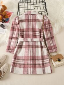 小女童格紋雙口袋泡泡袖雙排釦腰帶外套