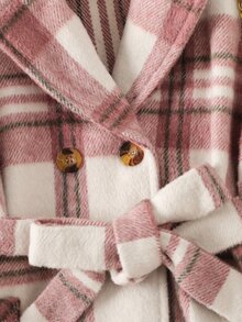 小女童格紋雙口袋泡泡袖雙排釦腰帶外套