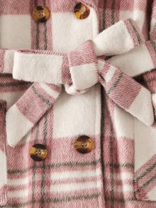 小女童格紋雙口袋泡泡袖雙排釦腰帶外套