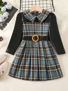 小女童格紋印花腰帶彼得潘領洋裝