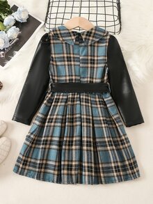 小女童格紋印花腰帶彼得潘領洋裝