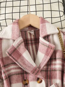 小女童格紋雙口袋泡泡袖雙排釦腰帶外套