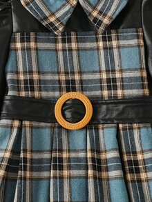 小女童格紋印花腰帶彼得潘領洋裝