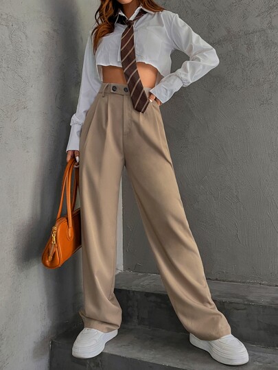 High Waist Fold Pleated Tailored Pants