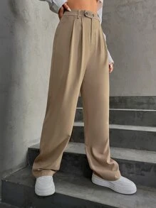 SHEIN Unity High Waist Fold Pleated Tailored Trousers - Khaki - View 4