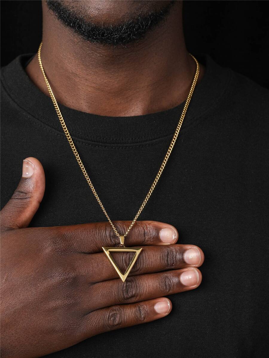 FEEL STYLE 1入不銹鋼18K鍍金空心倒三角形吊墜項鍊，男士日常穿著簡約風格 - 金黃色 - 查看 1