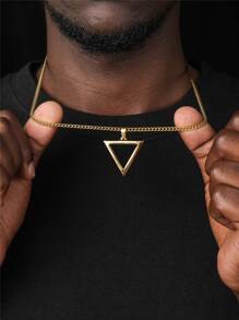 FEEL STYLE 1入不銹鋼18K鍍金空心倒三角形吊墜項鍊，男士日常穿著簡約風格 - 金黃色 - 查看 4