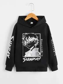 SHEIN 青少年男孩日文字母和数字图案卫衣 - 黑色 - 查看 1