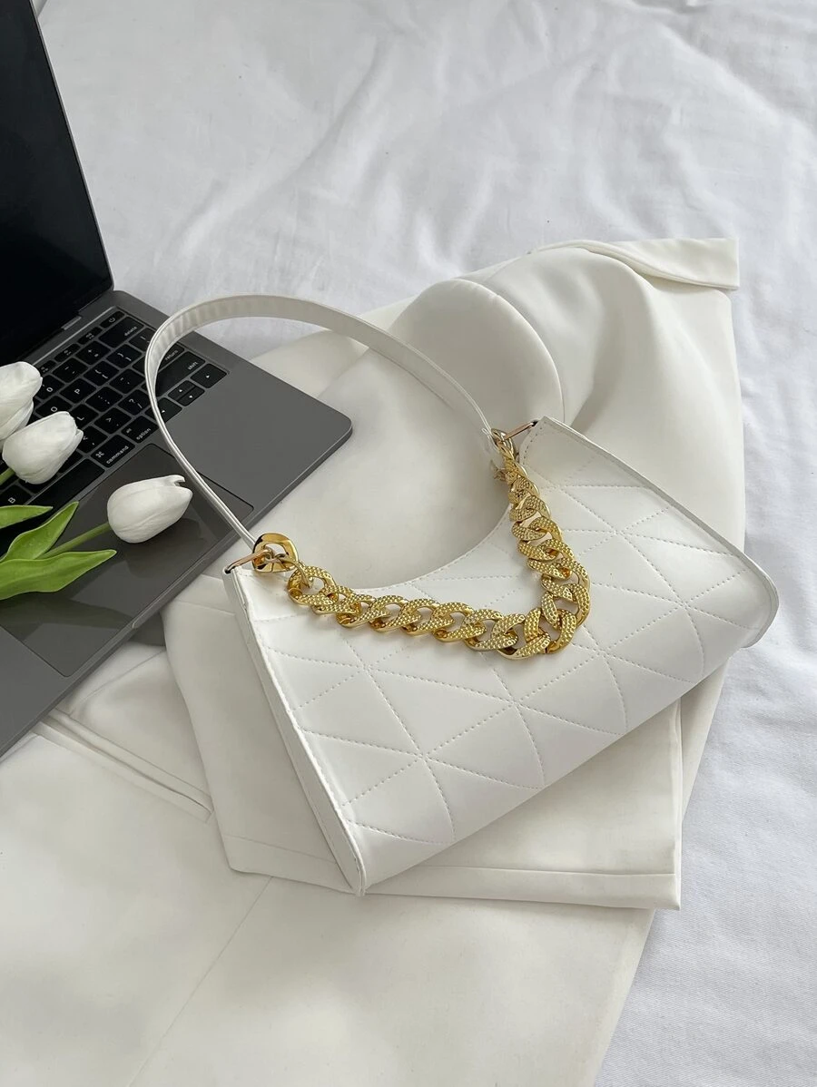 Stitch Detail Chain Decor Bag - White - View 1