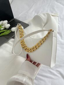 Stitch Detail Chain Decor Bag - White - View 2