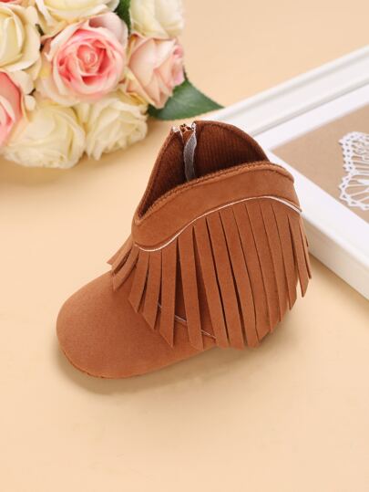 Vacation Brown Western Boots For Baby Girls, Fringe Decor Zipper Side Boots