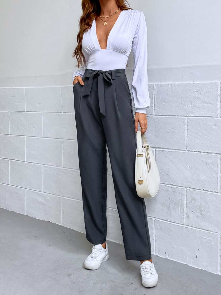 SHEIN Frenchy Solid Belted Straight Leg Trousers - Dark Grey - View 1