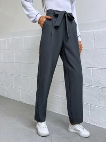 SHEIN Frenchy Solid Belted Straight Leg Trousers - Dark Grey - View 3