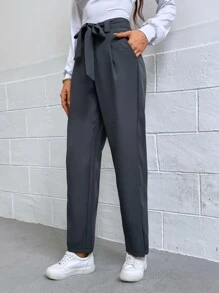 SHEIN Frenchy Solid Belted Straight Leg Trousers - Dark Grey - View 5