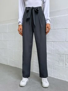 SHEIN Frenchy Solid Belted Straight Leg Trousers - Dark Grey - View 6
