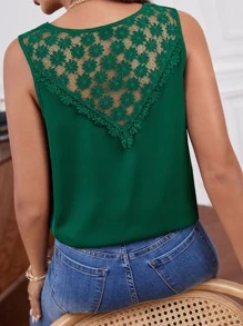 SHEIN Frenchy Contrast Guipure Lace Top Summer Elegant Green - Green - View 2