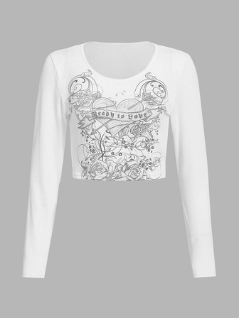 Grunge Punk Maglietta corta a maniche lunghe con stampa a contrasto di colore dolce e piccante, impreziosita da strass