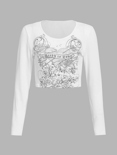 ROMWE Grunge Punk Sweet & Spicy Style Contrast Color Print Rhinestone Embellished Long Sleeve Cropped T-Shirt