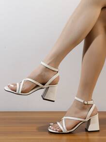 Women Buckle Decor Chunky Heeled Sandals, Elegant White Ankle Strap Sandals - White - View 1