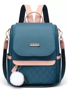 Rucsac matlasat impermeabil, cu buzunare multiple, brodat, antifurt, ușor, casual la modă, rucsac pentru școală, portofel elegant și ușor, portabil, geantă de voiaj pentru femei cu pandantiv cu pompon, geantă de voiaj pentru umăr din nailon pentru femei, geantă organizatoare pentru mămici, potrivită pentru femei care fac cumpărături, elevi de școală primară, gimnaziu, boboci și doi ani de facultate, absolvenți noi și lucrători la birou, perfectă pentru școală, serviciu, naveta, activități în aer liber, călătorii, drumeții - Albastru - Vizualizare 3
