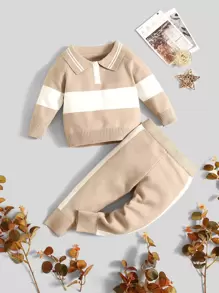 男嬰雙色Polo領插肩袖套頭毛衣和針織褲 - 杏色 - 查看 1