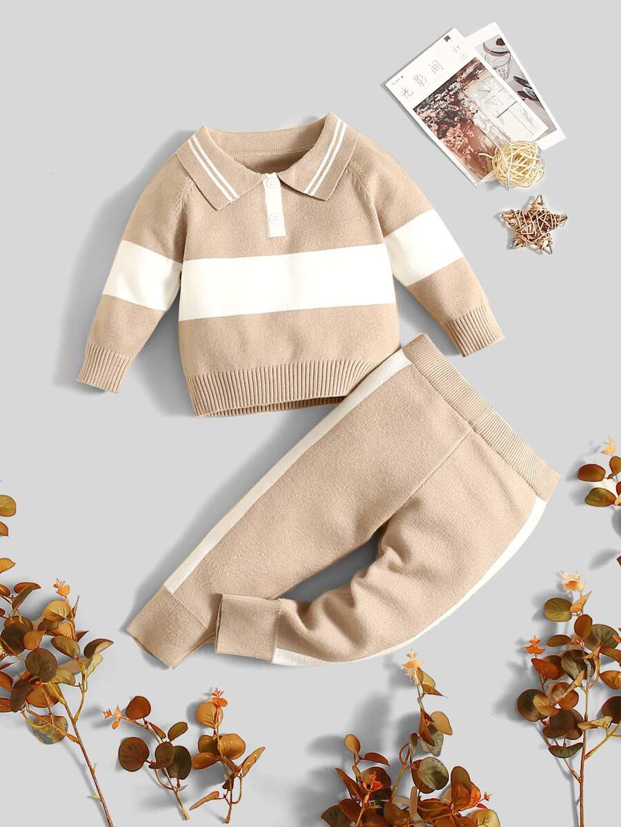 男嬰雙色Polo領插肩袖套頭毛衣和針織褲 - 杏色 - 查看 1