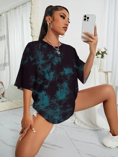 INAWLY Camiseta oversize con efecto teñido anudado, hombros caídos, estampado gráfico, para mujeres, unisex