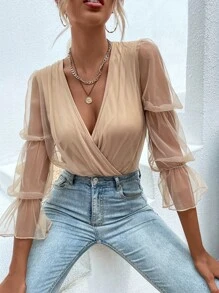 SHEIN Privé Contrast Mesh Gathered Flounce Sleeve Bodysuit - Apricot - View 1