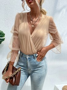 SHEIN Privé Contrast Mesh Gathered Flounce Sleeve Bodysuit - Apricot - View 4