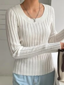 DAZY Solid Round Neck Ribbed Knit Jumper - White - View 3