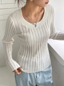 DAZY Solid Round Neck Ribbed Knit Jumper - White - View 4