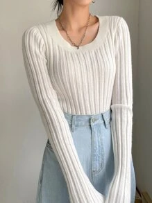 DAZY Solid Round Neck Ribbed Knit Jumper - White - View 7