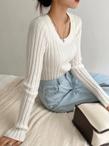 DAZY Solid Round Neck Ribbed Knit Jumper - White - View 8