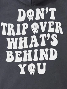 男士卡通和標語圖案袋鼠口袋加絨內裏抽繩連帽衫 - 深灰色 - 查看 3