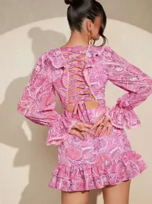 SHEIN Lace Up Back Flounce Sleeve Paisley Print Ruffle Hem Dress - Multicolor - View 1