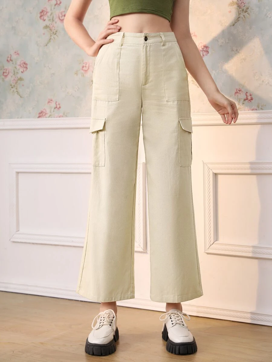 SHEIN MOD Quần nữ Nút Túi Dây kéo màu trơn Giải trí - Màu be - Xem 1