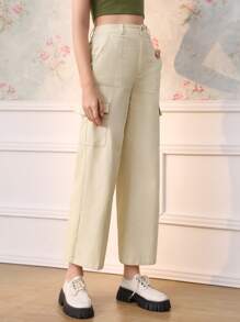 SHEIN MOD Quần nữ Nút Túi Dây kéo màu trơn Giải trí - Màu be - Xem 4