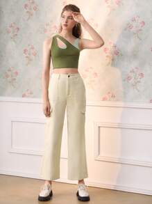 SHEIN MOD Quần nữ Nút Túi Dây kéo màu trơn Giải trí - Màu be - Xem 5