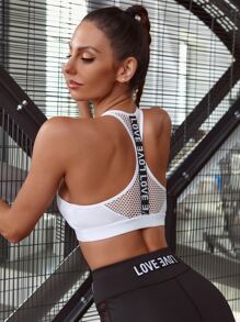 SHEIN Yoga Sxy Sujetador deportivo soporte medio con cinta con letra de espalda nadador - Blanco - Ver 1