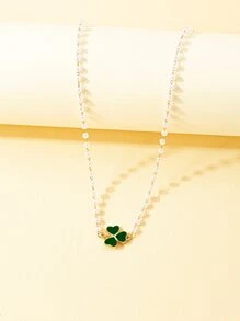 Faux Pearl Decor Clover Charm Necklace - Green - View 3