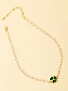 Faux Pearl Decor Clover Charm Necklace - Green - View 2