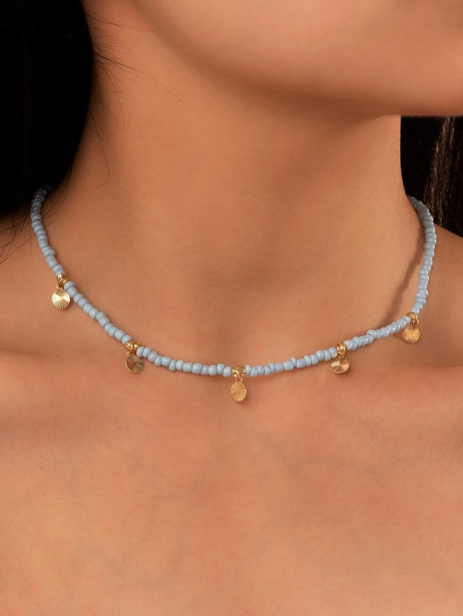 圓形吊飾串珠項鏈 - 藍色 - 查看 1