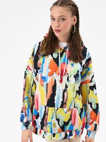 Allover Print Kangaroo Pocket Drawstring Hoodie - Multicolor - View 1