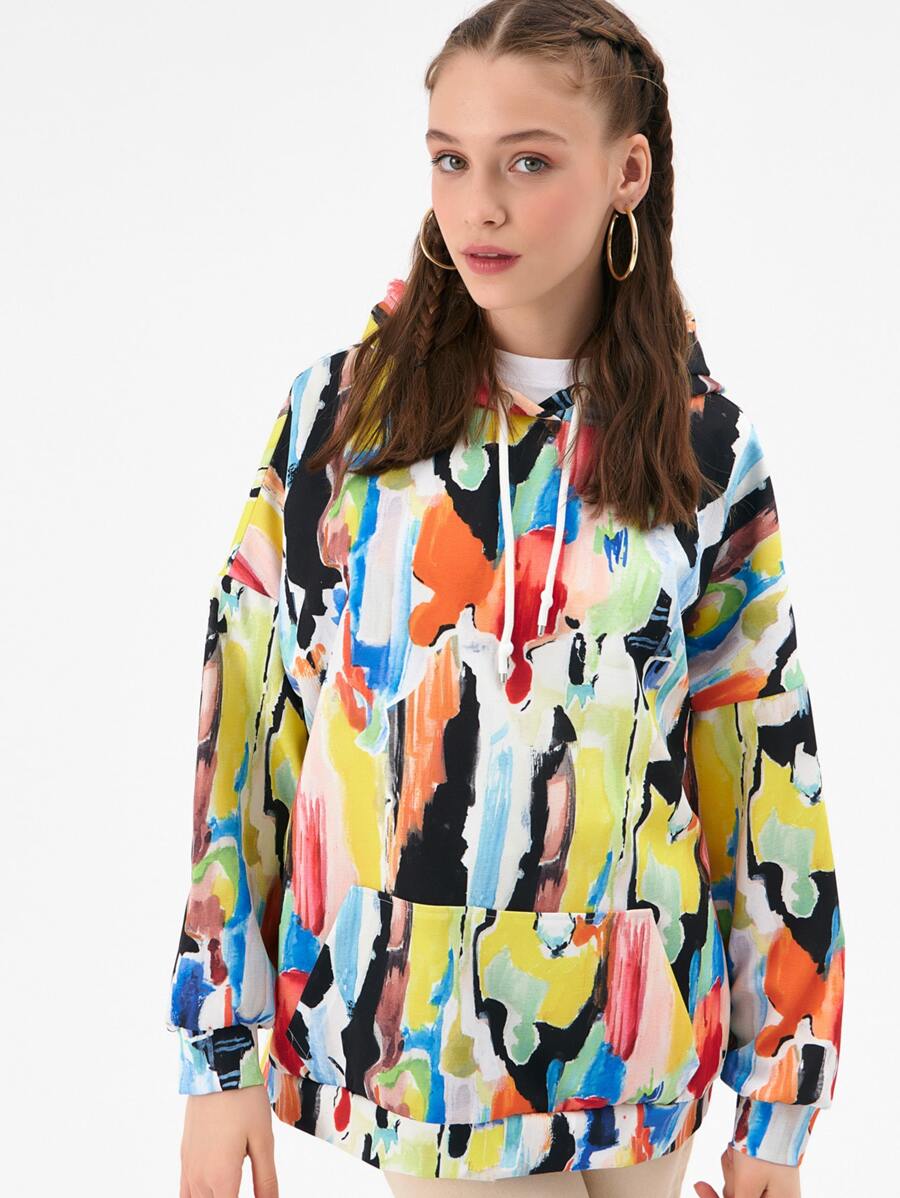 Allover Print Kangaroo Pocket Drawstring Hoodie - Multicolor - View 1