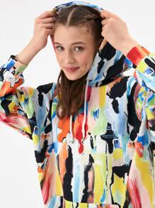 Allover Print Kangaroo Pocket Drawstring Hoodie - Multicolor - View 3