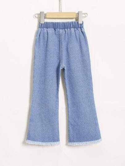 SHEIN 年輕女孩心形刺繡毛邊喇叭牛仔褲