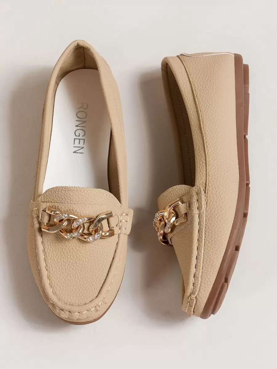 Giày bệt nữ, mẫu mới mùa xuân/hè màu kaki dập nổi, giày lười kiểu dáng slip-on với dây xích đính đá kim loại, giày moccasin thoải mái, đa năng, phù hợp cho hoạt động ngoài trời.