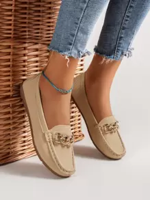 Giày bệt nữ, mẫu mới mùa xuân/hè màu kaki dập nổi, giày lười kiểu dáng slip-on với dây xích đính đá kim loại, giày moccasin thoải mái, đa năng, phù hợp cho hoạt động ngoài trời. - Màu Khaki - Xem 7